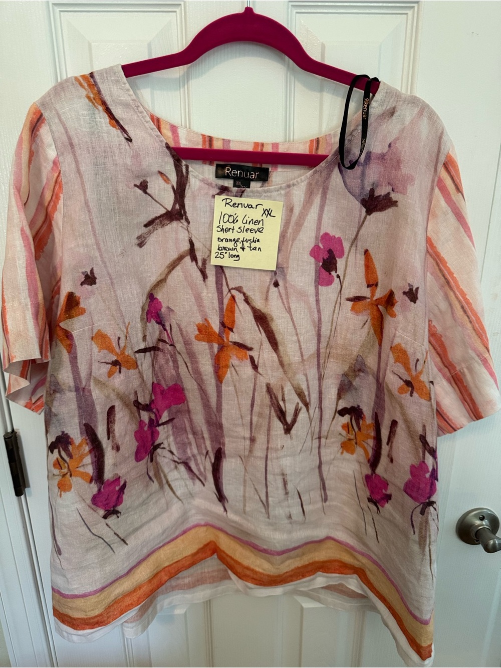 Renuar Pink and Orange Floral Linen Blend Short Sleeve Top